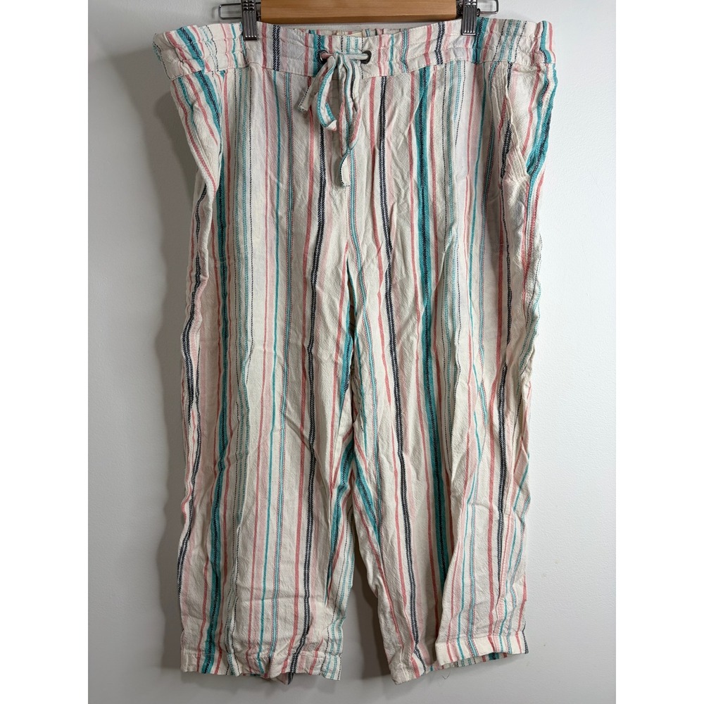 Per Se Women 1X Linen Blend Striped Cropped Pants Drawstring Waist Coastal Teal